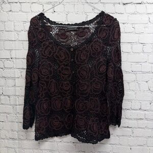 Peruvian Connection Black and Burgundy Crochet Lace Button-Front Top Sz xl